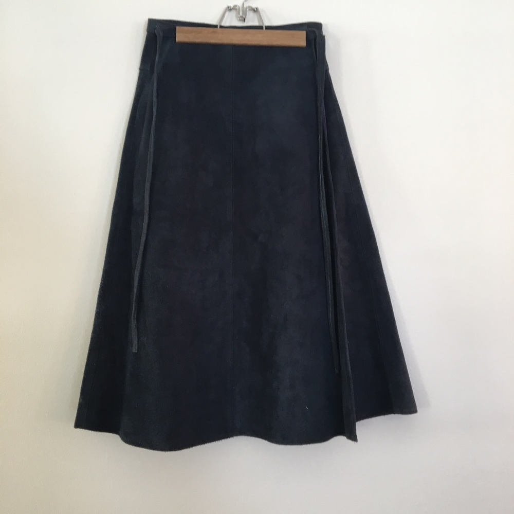 Black Suede Wrap A-Line Knee Length Skirt